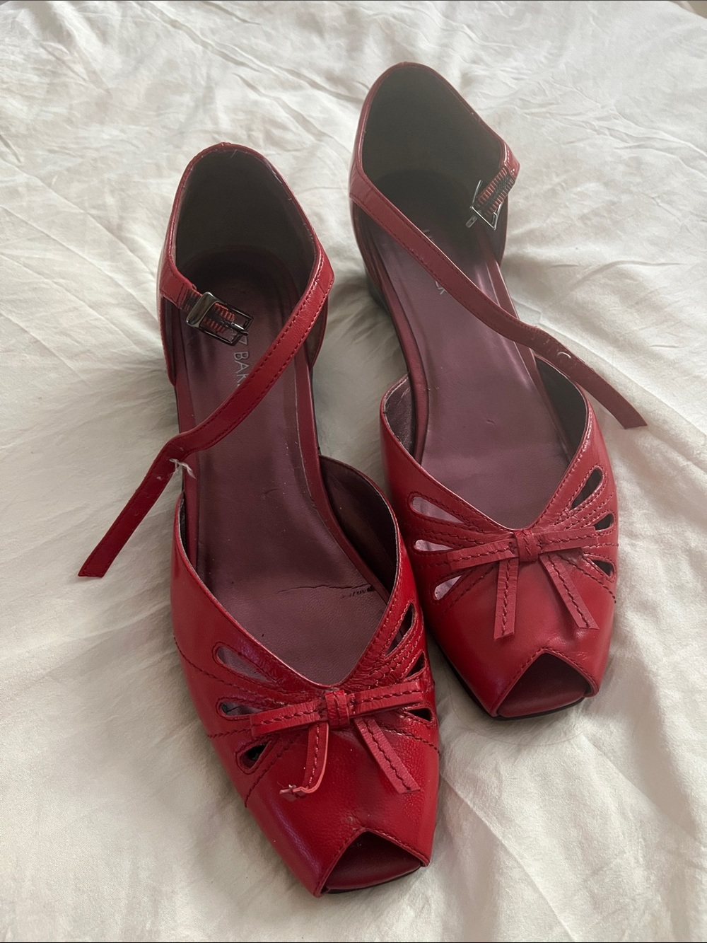 Liz Baker Red Peep-Toe Ankle-Strap Heels with Bow Accent